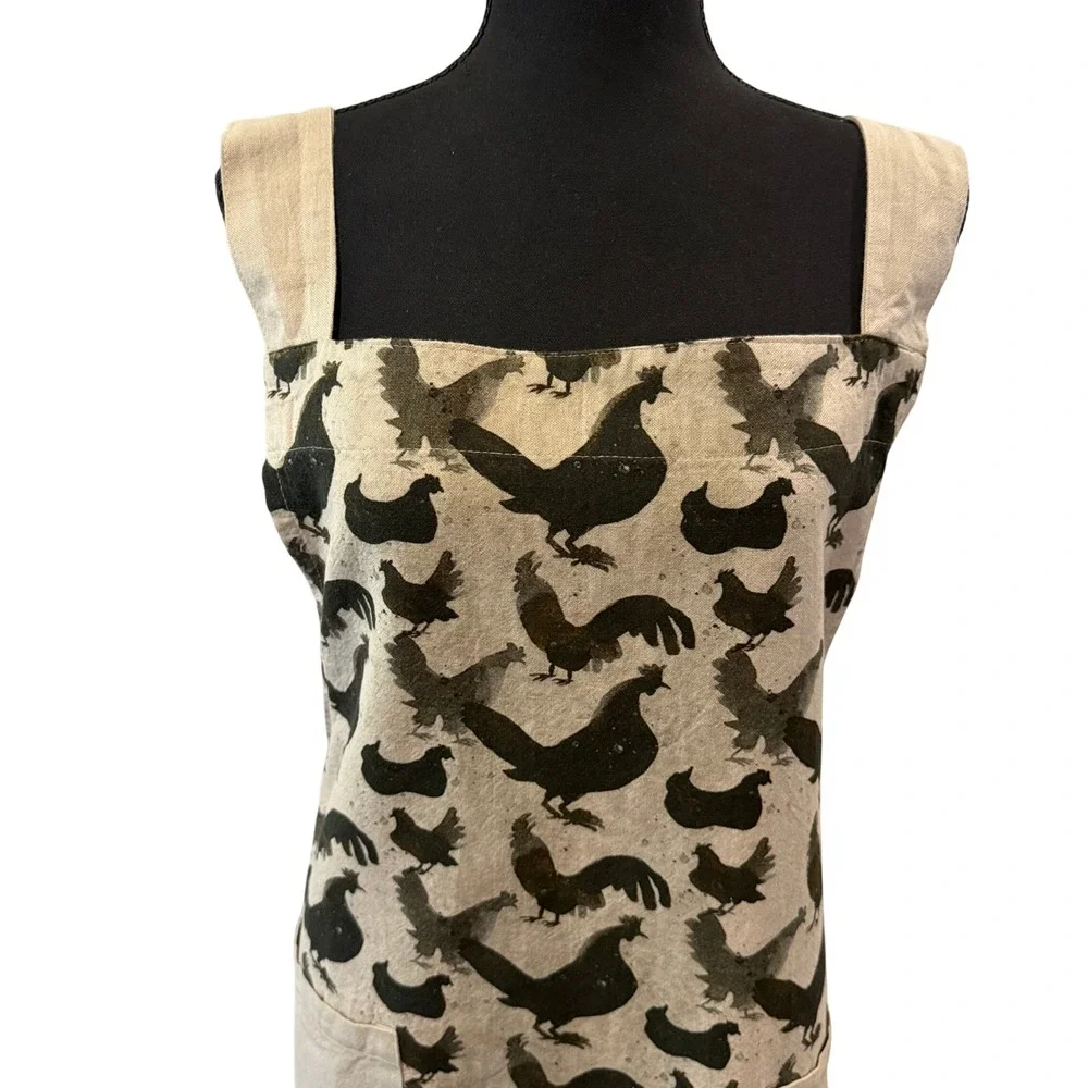 Creative Co-op Cotton Chicken Print Cross Back Pinafore Apron Beige Black